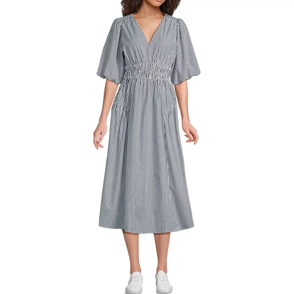Women's Puff Sleeve Smocked Waist V Neck Dress
