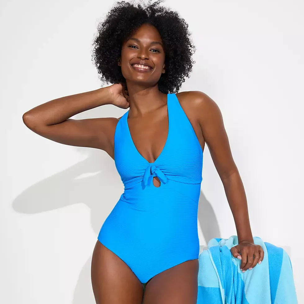 Women's Ribbed Knot Front One Piece Swimsuit