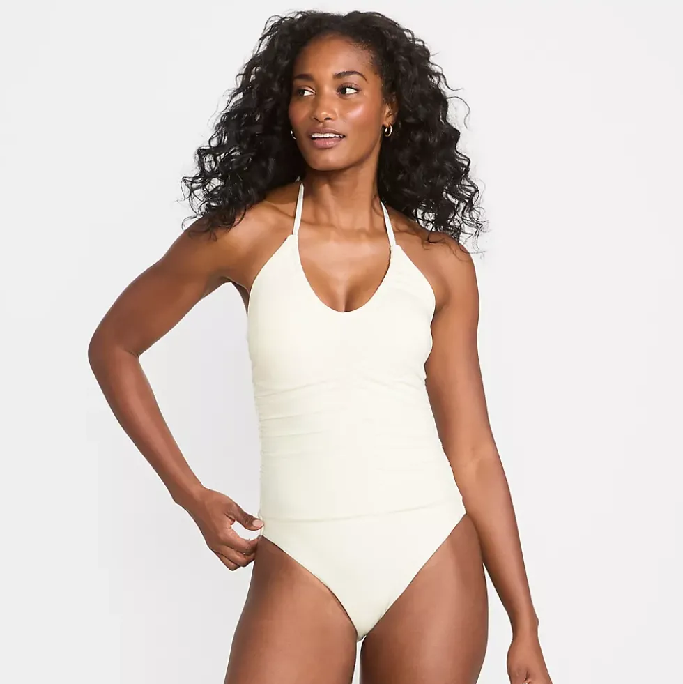 Women's Ruched Multi-Way V-Neck Halter High Leg One Piece Swimsuit