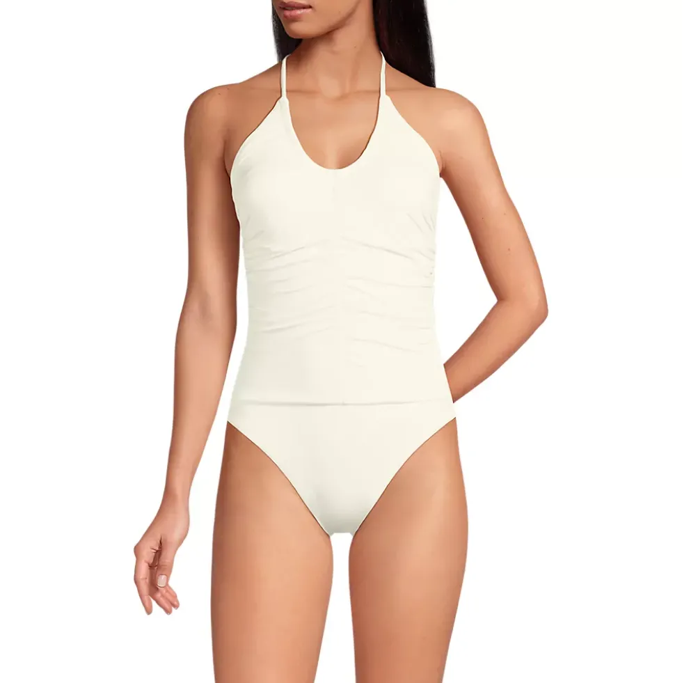 Women's Ruched Multi-Way V-Neck Halter High Leg One Piece Swimsuit