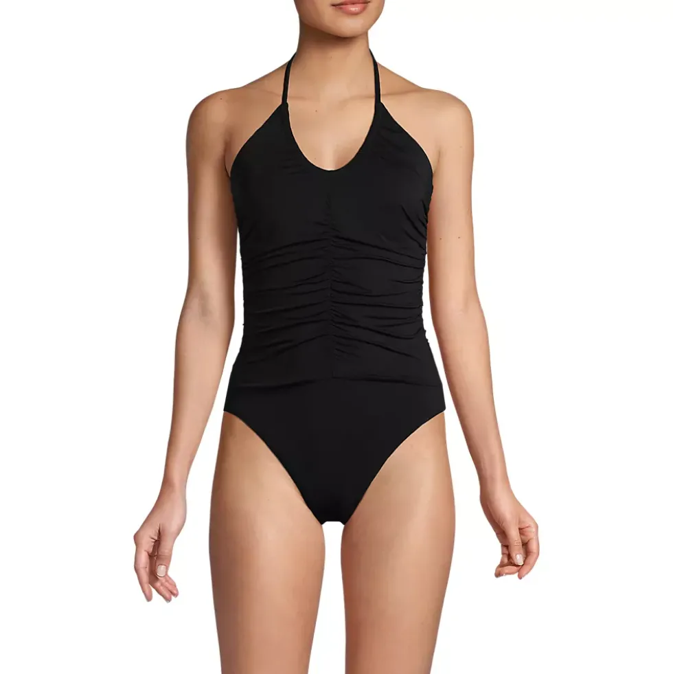 Women's Ruched Multi-Way V-Neck Halter High Leg One Piece Swimsuit