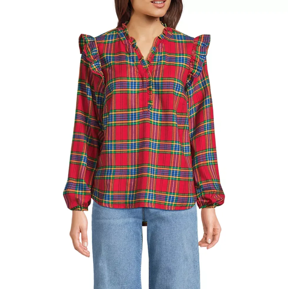 Women's Ruffle Front Flannel Popover Blouse