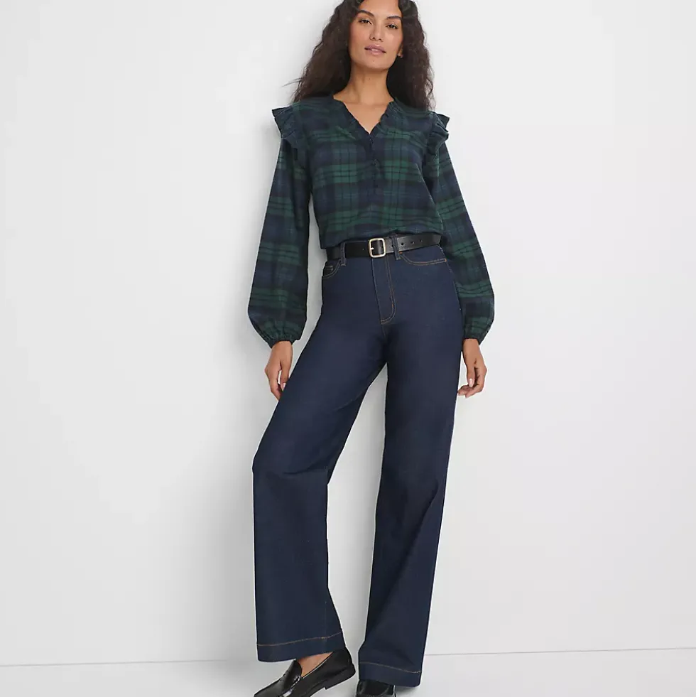 Women's Ruffle Front Flannel Popover Blouse