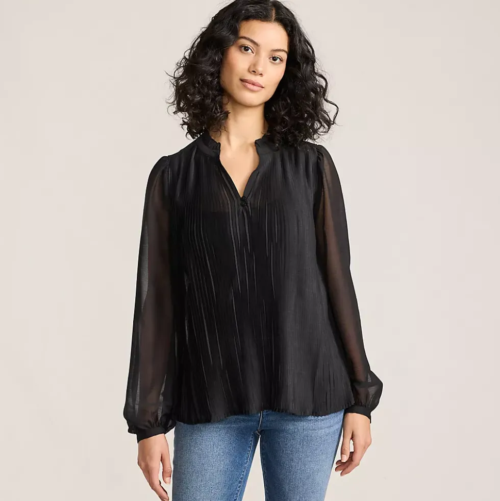 Women's Ruffle Neck Pintuck Sleeve Top