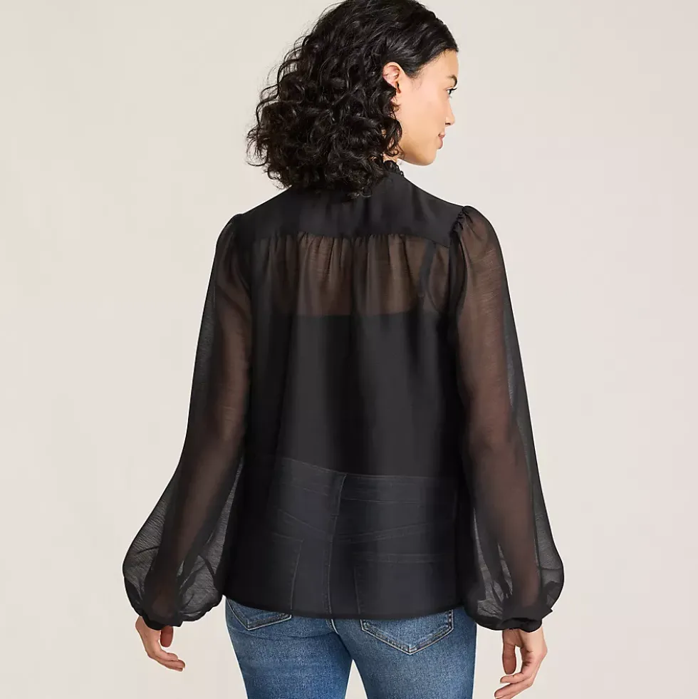 Women's Ruffle Neck Pintuck Sleeve Top