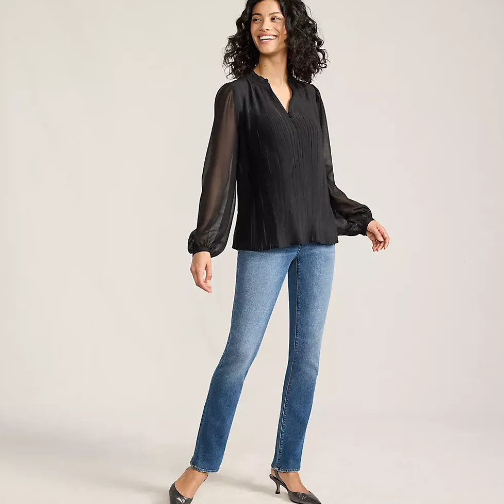 Women's Ruffle Neck Pintuck Sleeve Top