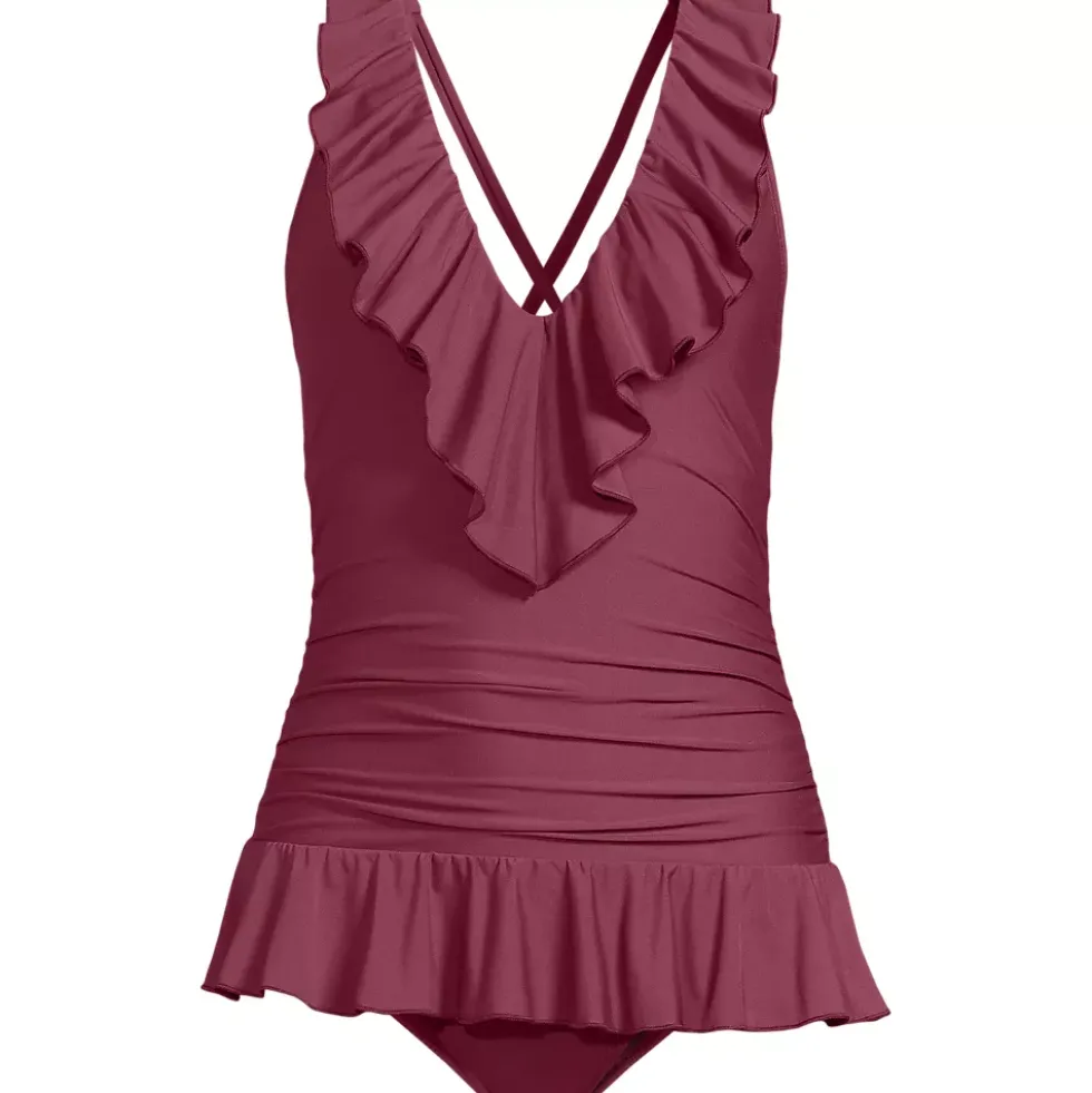 Women's Ruffle Plunge Skirted High Leg One Piece