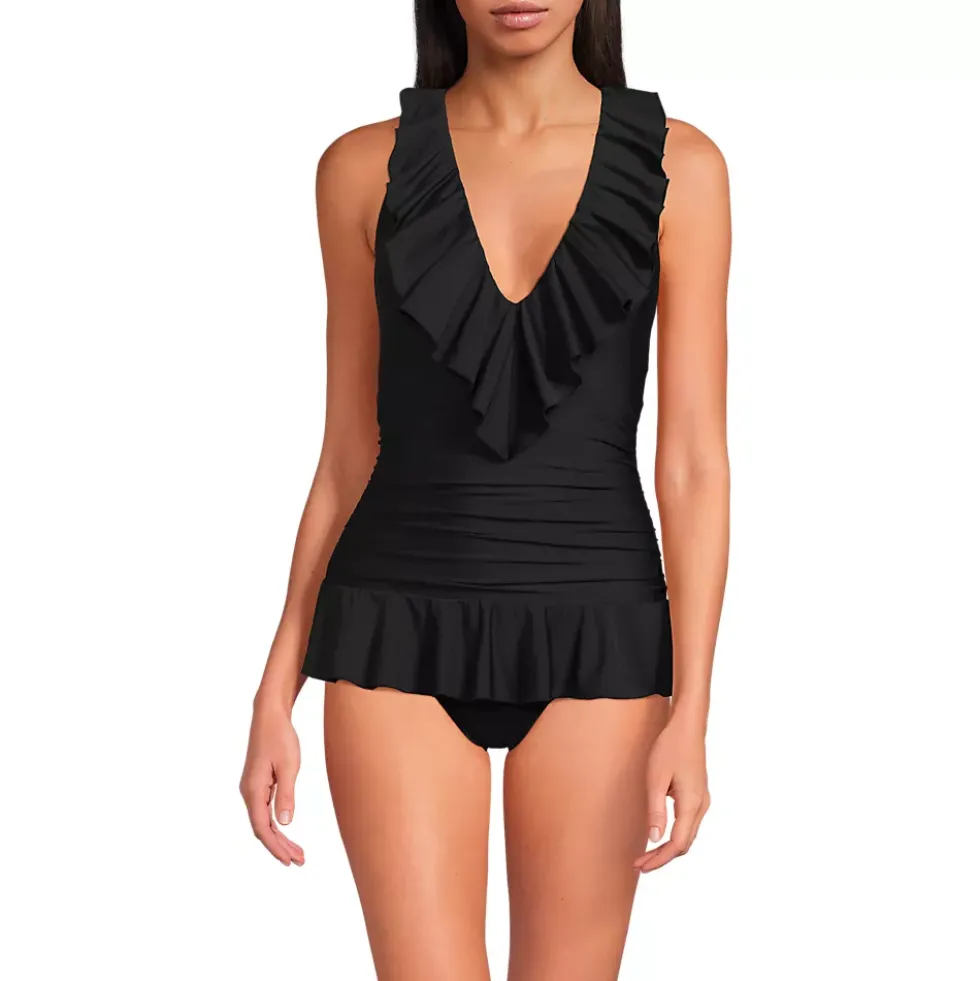 Women's Ruffle Plunge Skirted High Leg One Piece