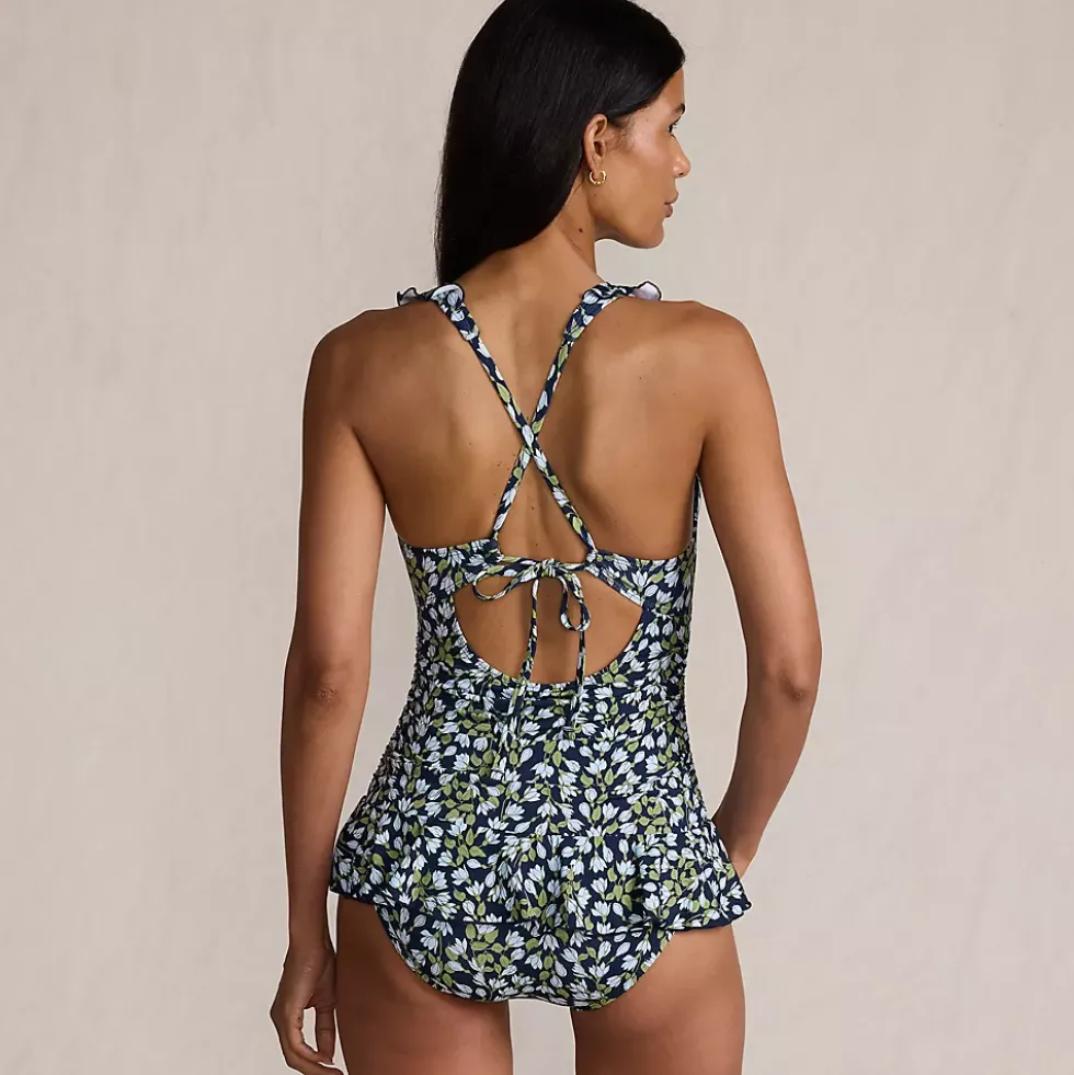 Women's Ruffle Plunge Skirted High Leg One Piece