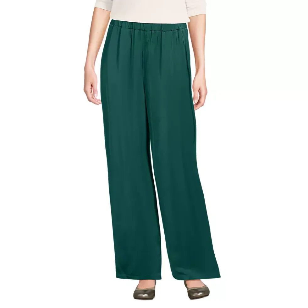 Women's Satin Mid Rise Relaxed Pull On Wide Leg Pants