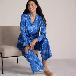 Women's Satin 2 Piece Pajama Set - Long Sleeve Top and Wide Leg Pants