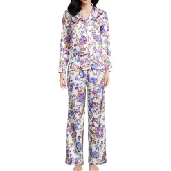 Women's Satin 2 Piece Pajama Set - Long Sleeve Top and Wide Leg Pants