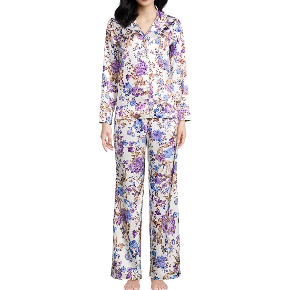 Women's Satin 2 Piece Pajama Set - Long Sleeve Top and Wide Leg Pants