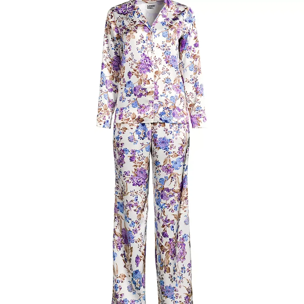 Women's Satin 2 Piece Pajama Set - Long Sleeve Top and Wide Leg Pants