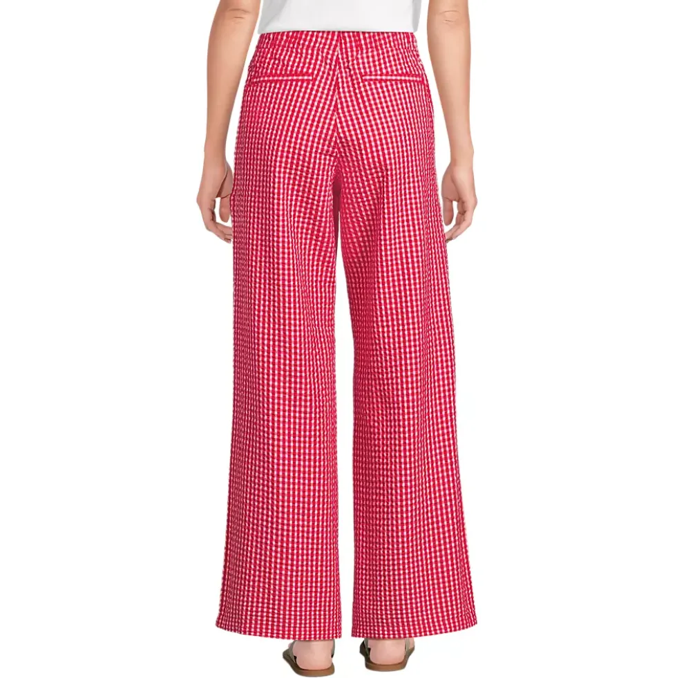 Women's Seersucker High Rise Drawstring Wide Leg Pants
