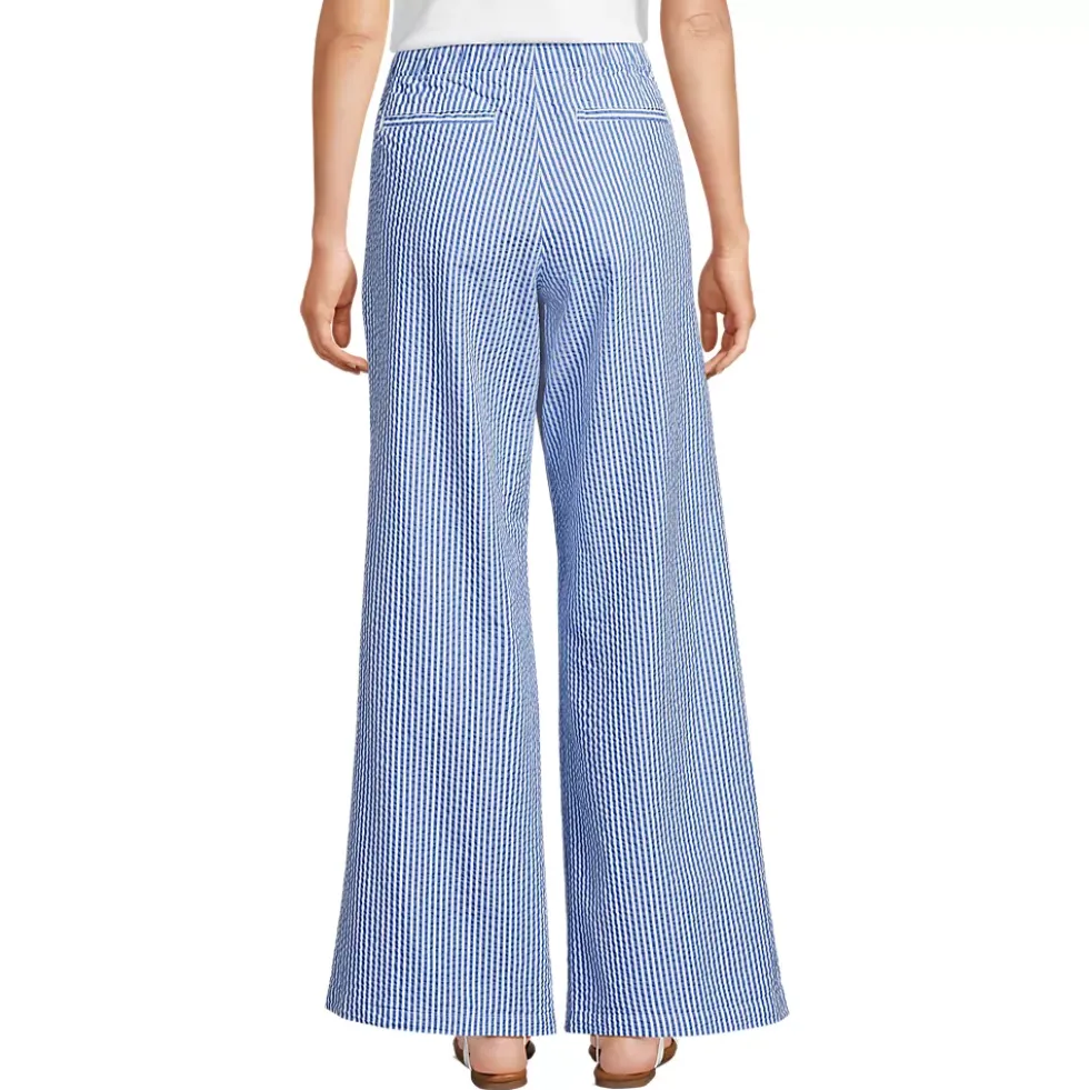 Women's Seersucker High Rise Drawstring Wide Leg Pants