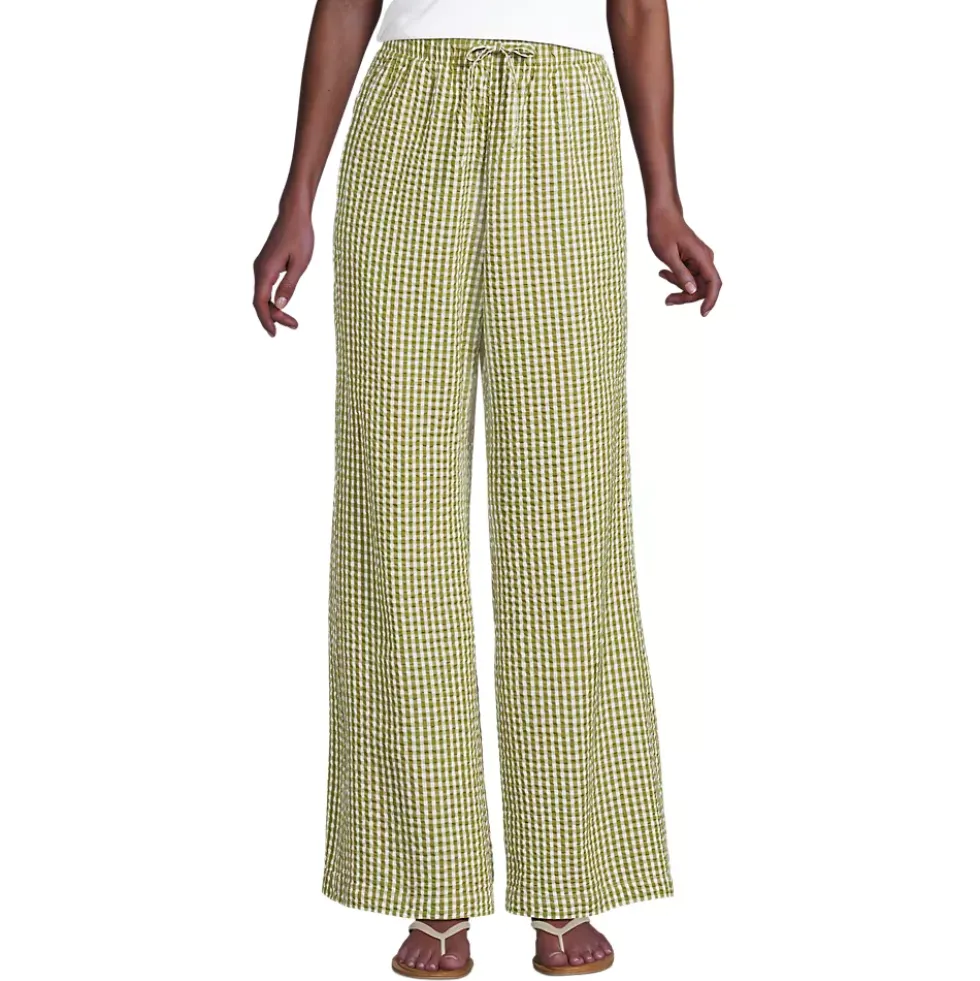 Women's Seersucker High Rise Drawstring Wide Leg Pants