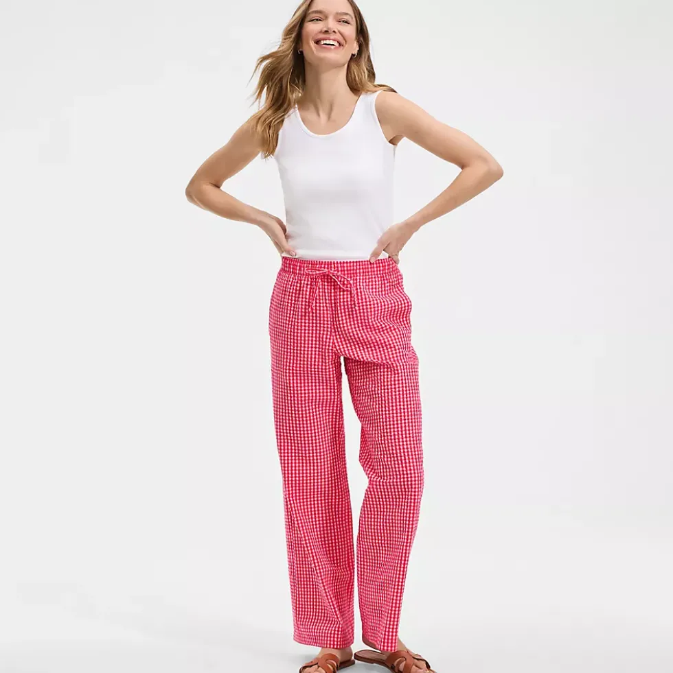 Women's Seersucker High Rise Drawstring Wide Leg Pants