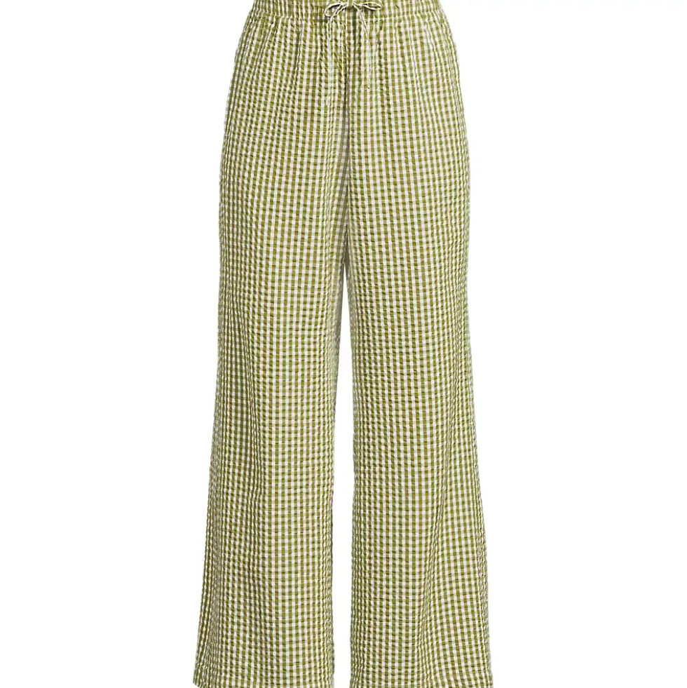 Women's Seersucker High Rise Drawstring Wide Leg Pants