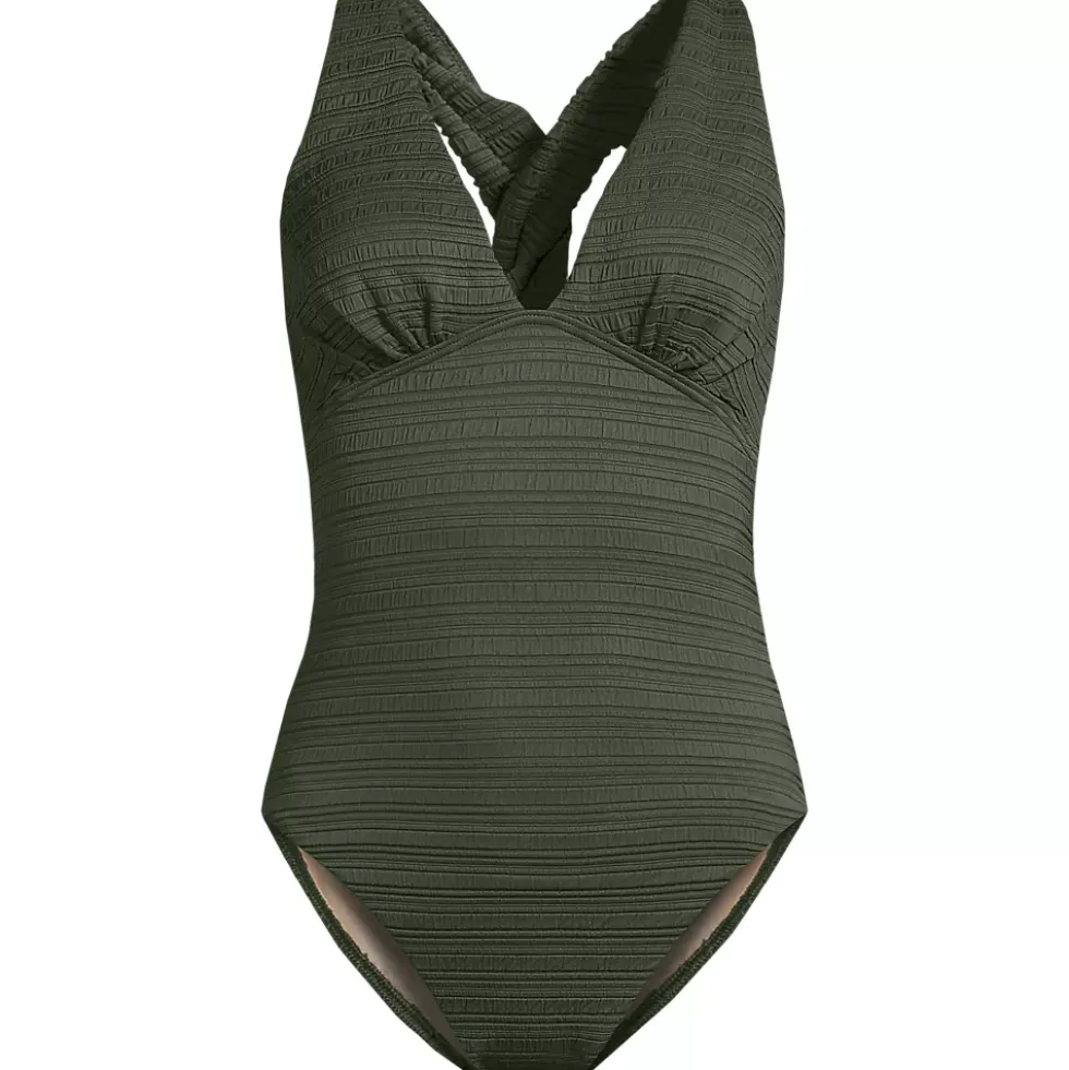 Women's Seersucker Plunge Twist Back Ultra High Leg One Piece Swimsuit
