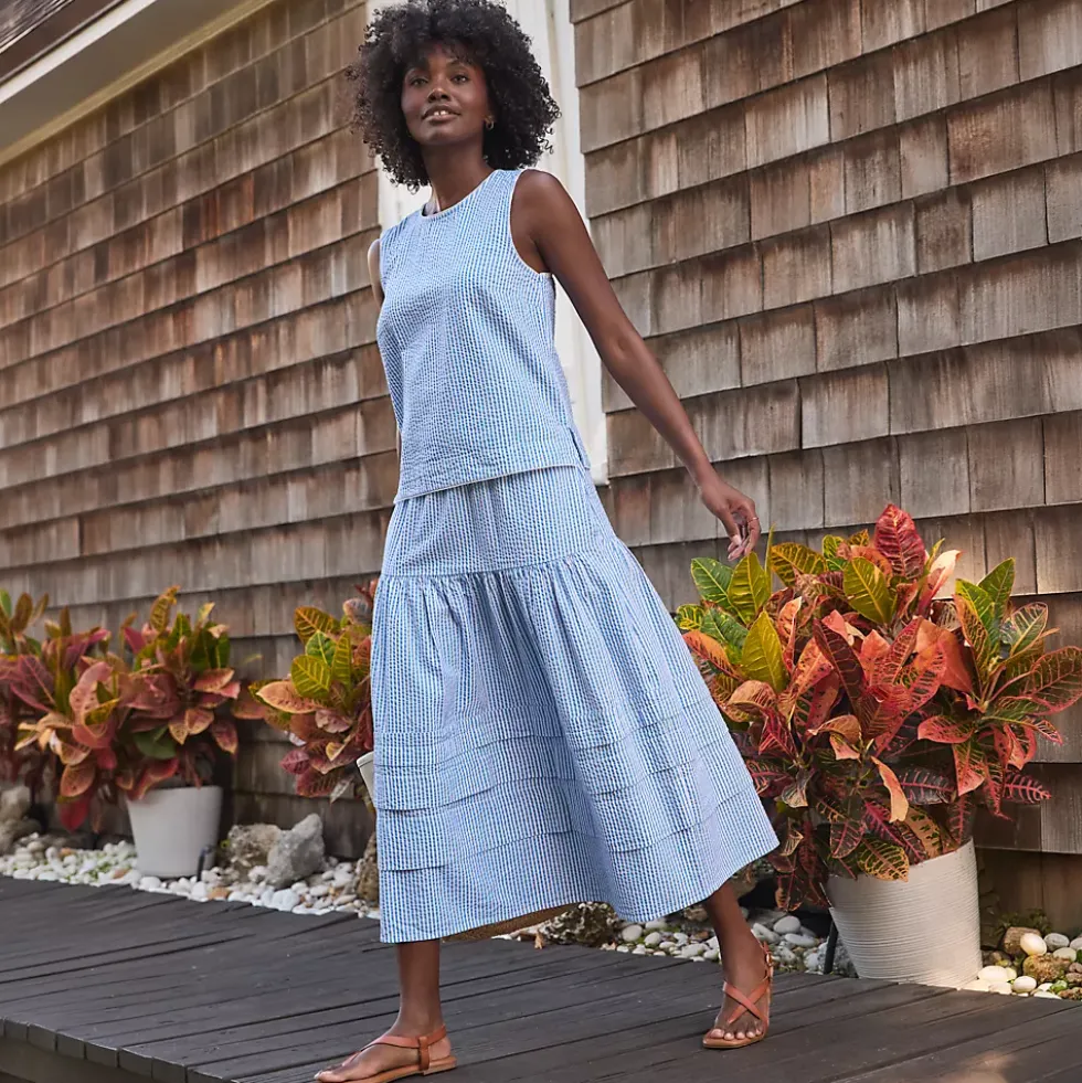 Women's Seersucker Pull On Midi Skirt