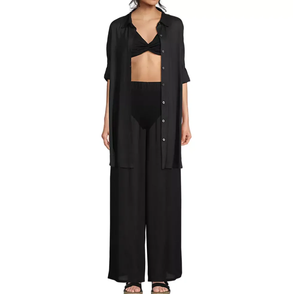 Women's Sheer Oversized Button Front Swim Cover-up Shirt