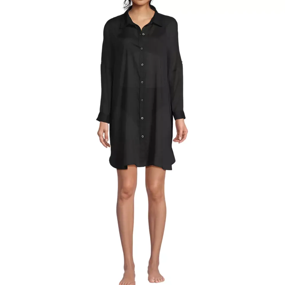 Women's Sheer Oversized Button Front Swim Cover-up Shirt