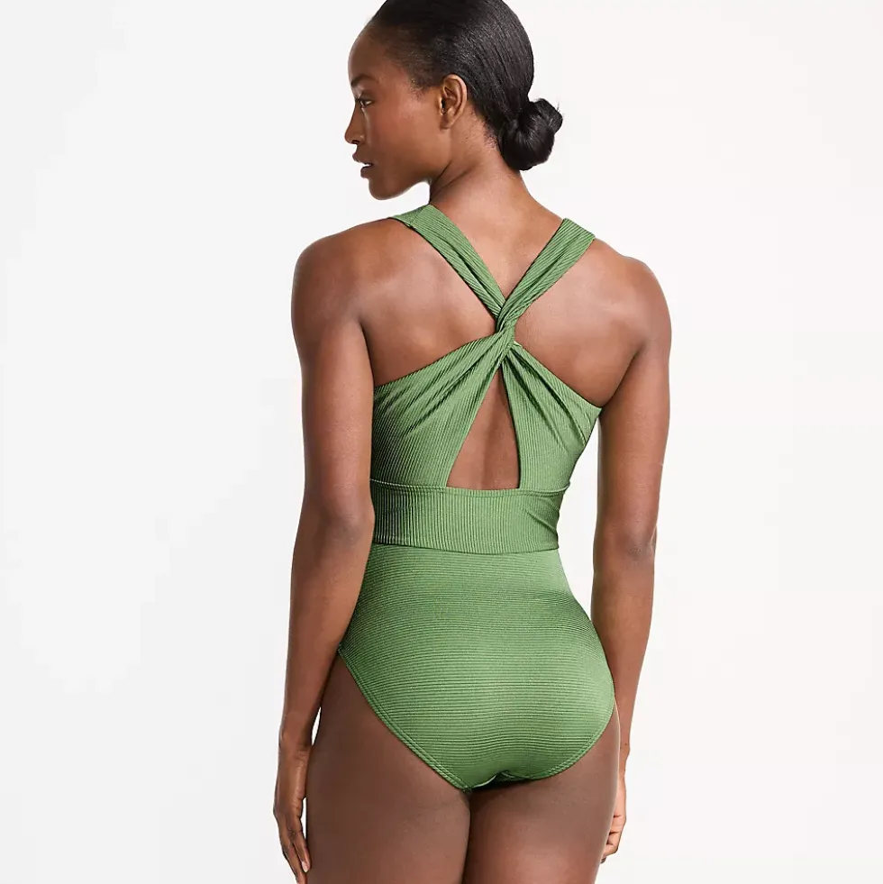 Women's Shine Ribbed Twist Back High Leg One Piece Swimsuit
