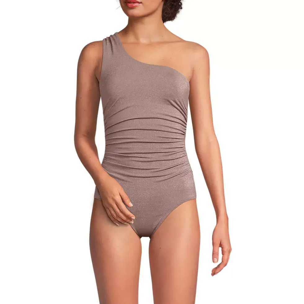 Women's Shine Shirred One Shoulder High Leg One Piece Swimsuit