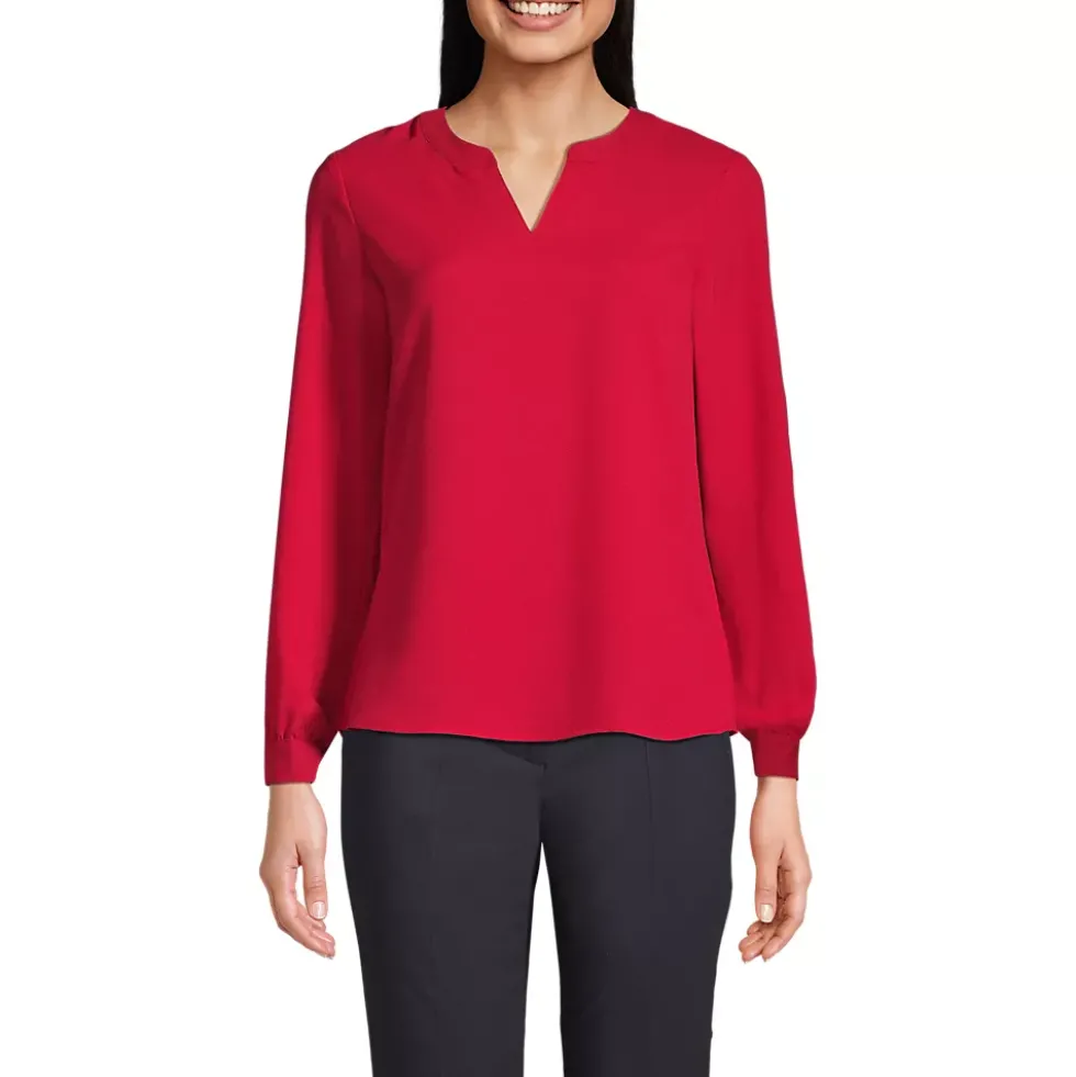 Women's Shirred Long Sleeve Split Neck Blouse