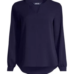 Women's Shirred Long Sleeve Split Neck Blouse