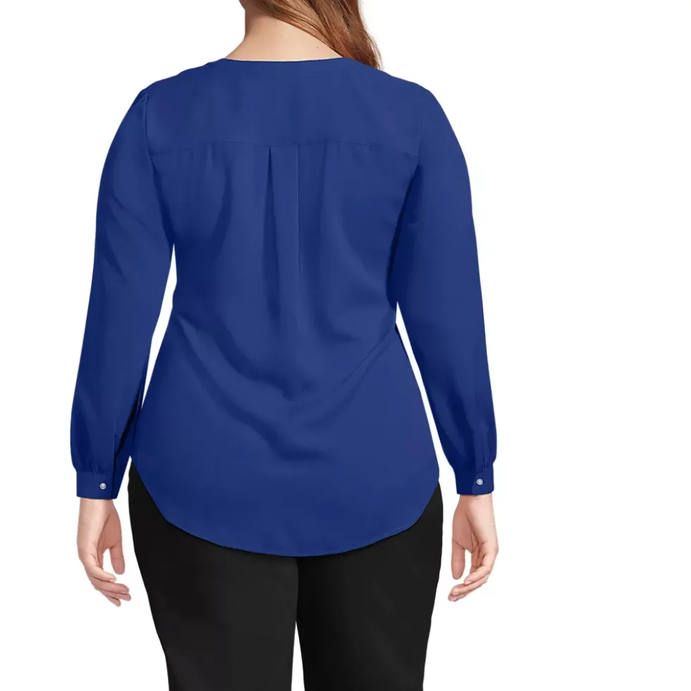 Women's Shirred Long Sleeve Split Neck Blouse
