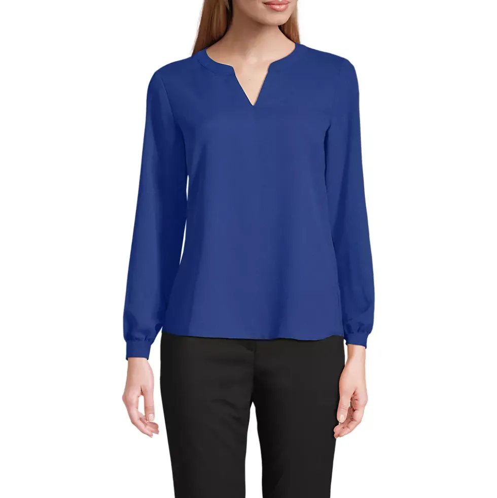 Women's Shirred Long Sleeve Split Neck Blouse