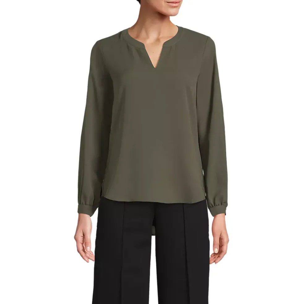 Women's Shirred Long Sleeve Split Neck Blouse