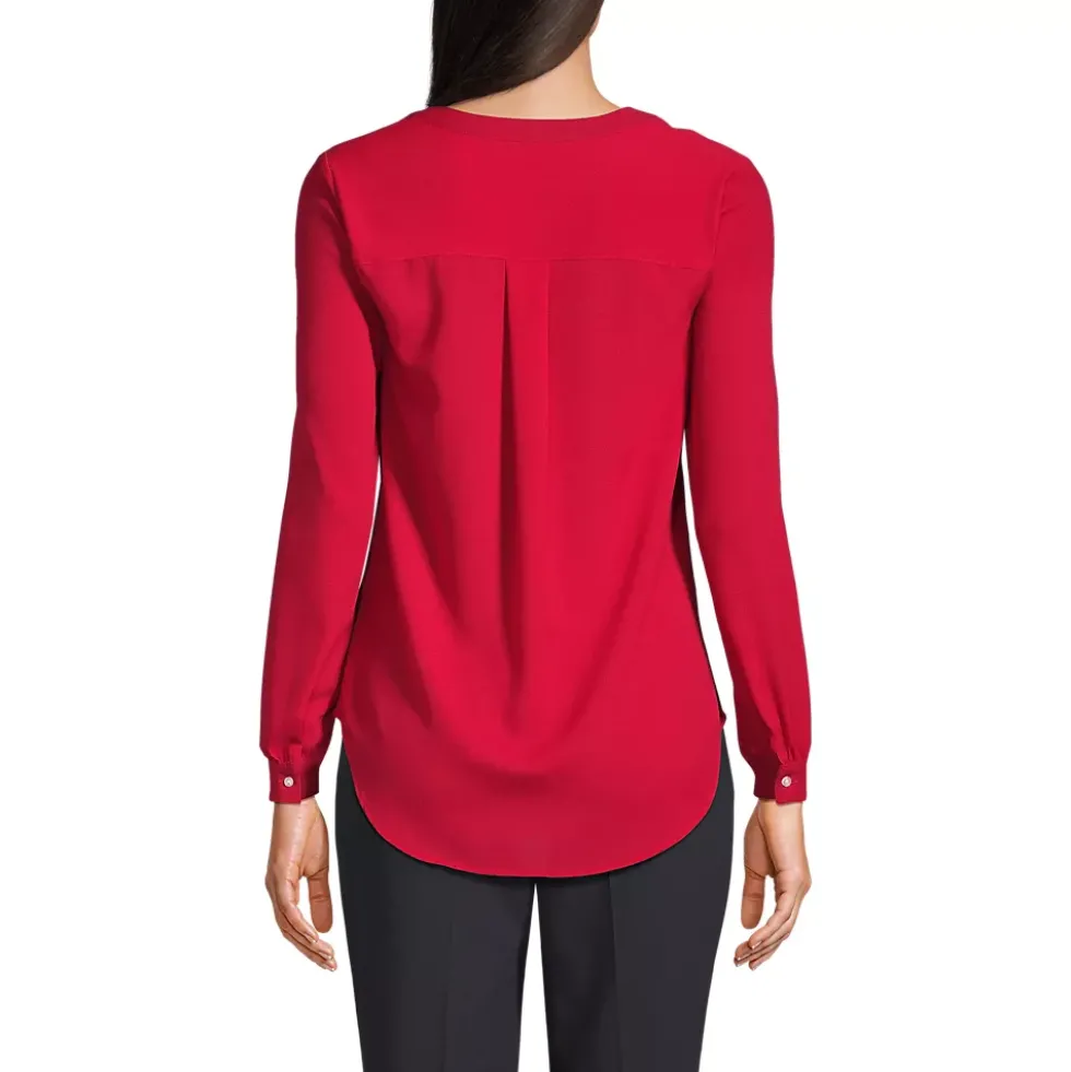 Women's Shirred Long Sleeve Split Neck Blouse
