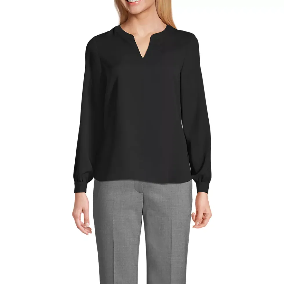 Women's Shirred Long Sleeve Split Neck Blouse