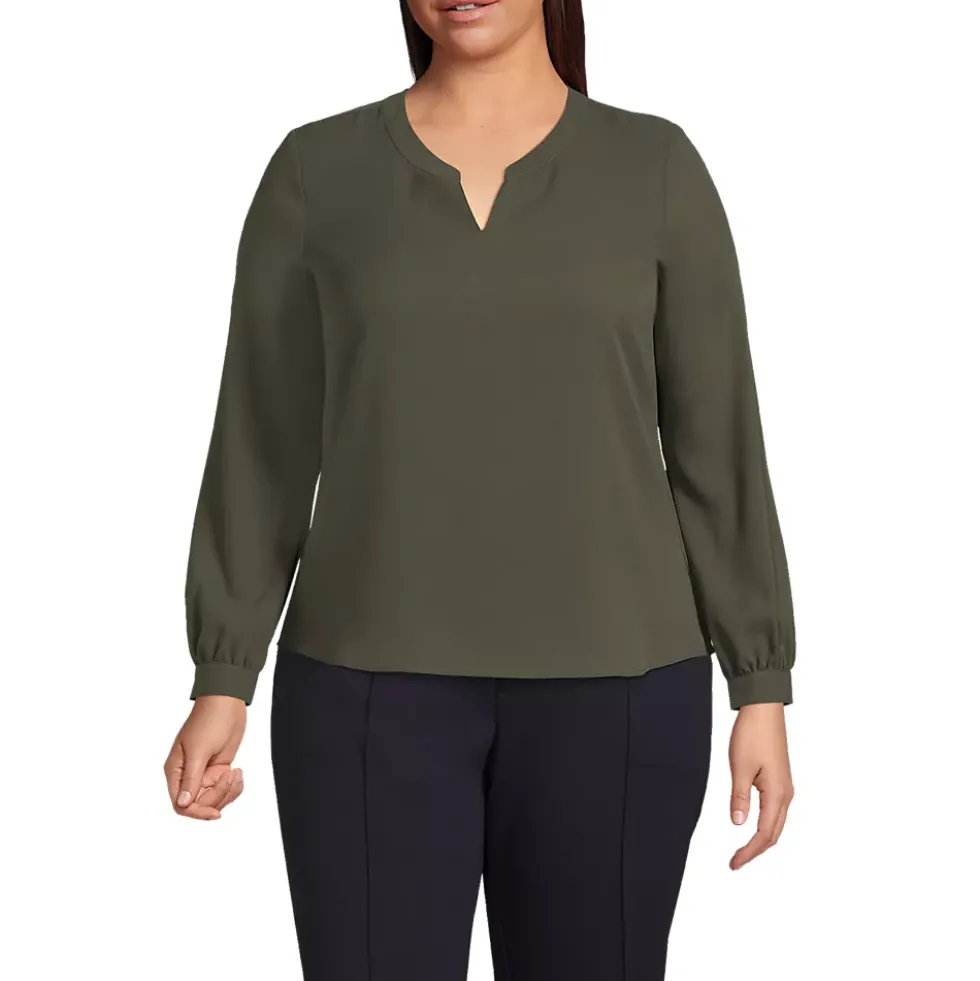 Women's Shirred Long Sleeve Split Neck Blouse