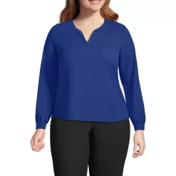Women's Shirred Long Sleeve Split Neck Blouse