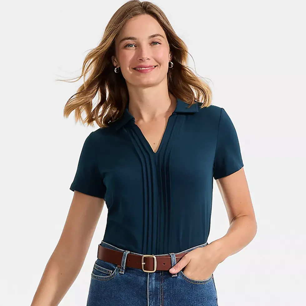 Women's Short Sleeve Lightweight Jersey Pintuck Open Collar Polo