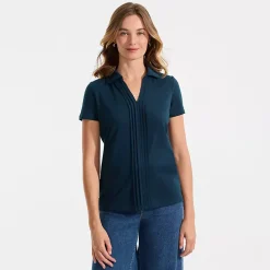 Women's Short Sleeve Lightweight Jersey Pintuck Open Collar Polo