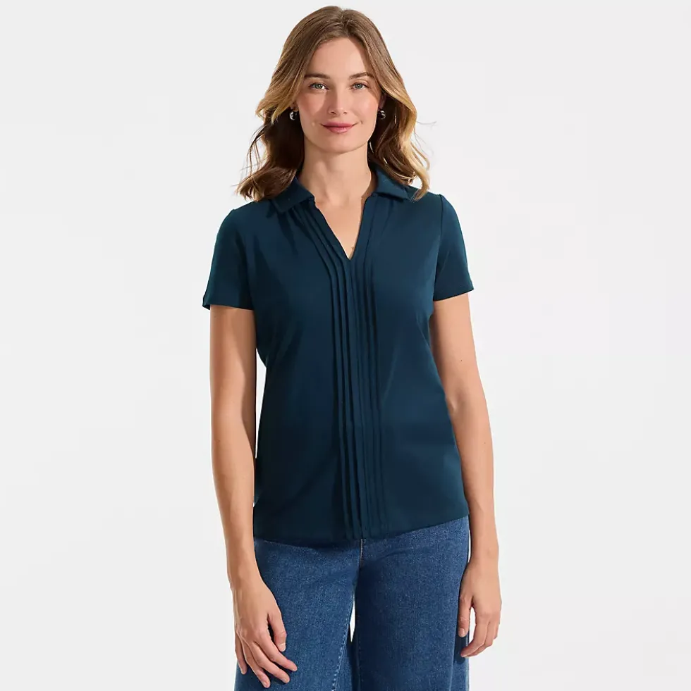 Women's Short Sleeve Lightweight Jersey Pintuck Open Collar Polo