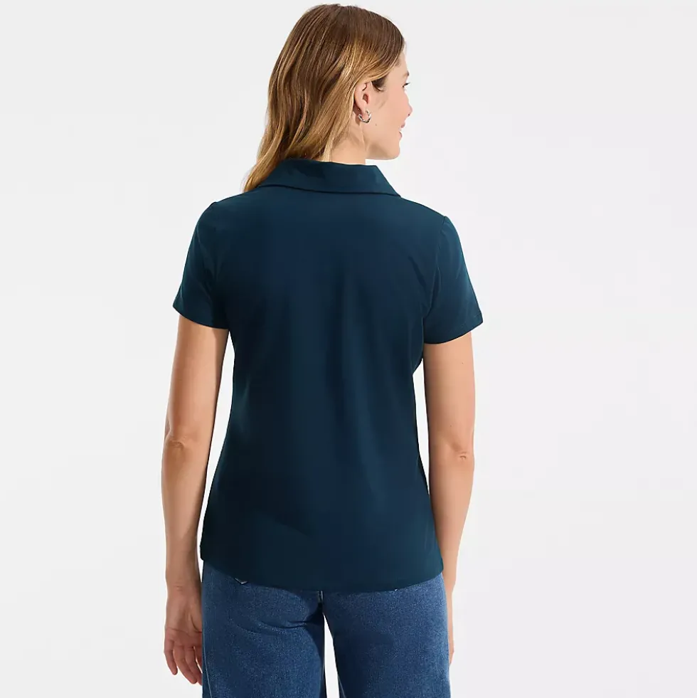 Women's Short Sleeve Lightweight Jersey Pintuck Open Collar Polo