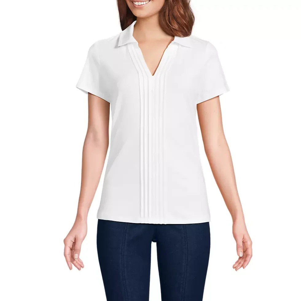Women's Short Sleeve Lightweight Jersey Pintuck Open Collar Polo