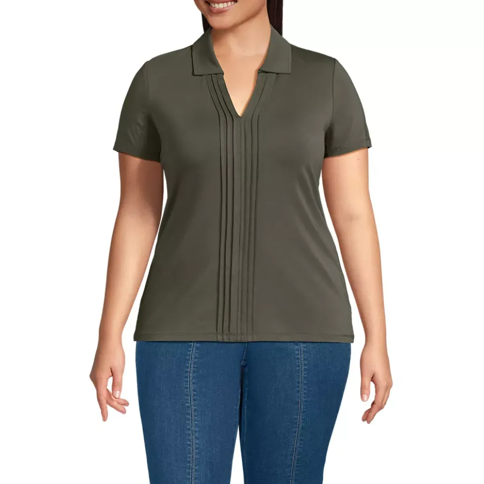 Women's Short Sleeve Lightweight Jersey Pintuck Open Collar Polo