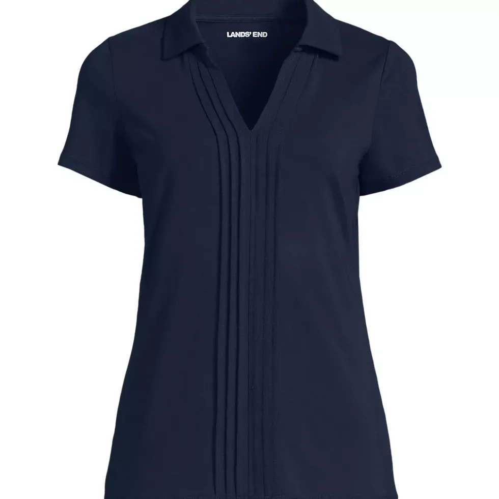 Women's Short Sleeve Lightweight Jersey Pintuck Open Collar Polo