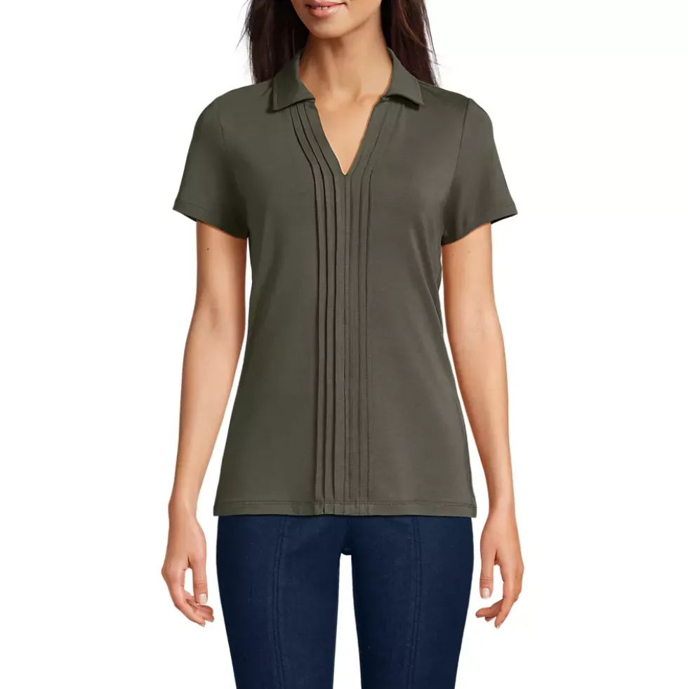 Women's Short Sleeve Lightweight Jersey Pintuck Open Collar Polo