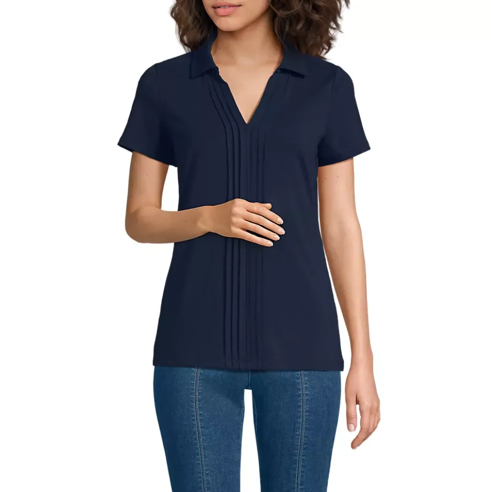 Women's Short Sleeve Lightweight Jersey Pintuck Open Collar Polo