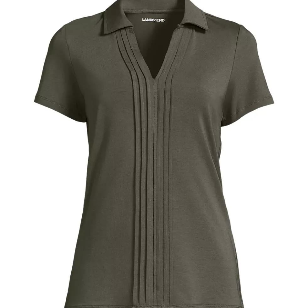Women's Short Sleeve Lightweight Jersey Pintuck Open Collar Polo