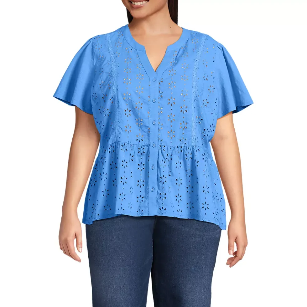Women's Short Sleeve Mixed Media Eyelet Top