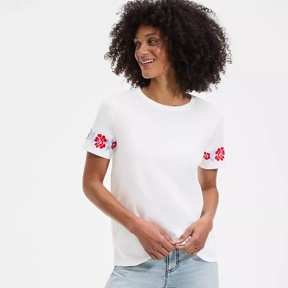Women's Short Sleeve Supima Cotton Embroidered Crew Neck T Shirt